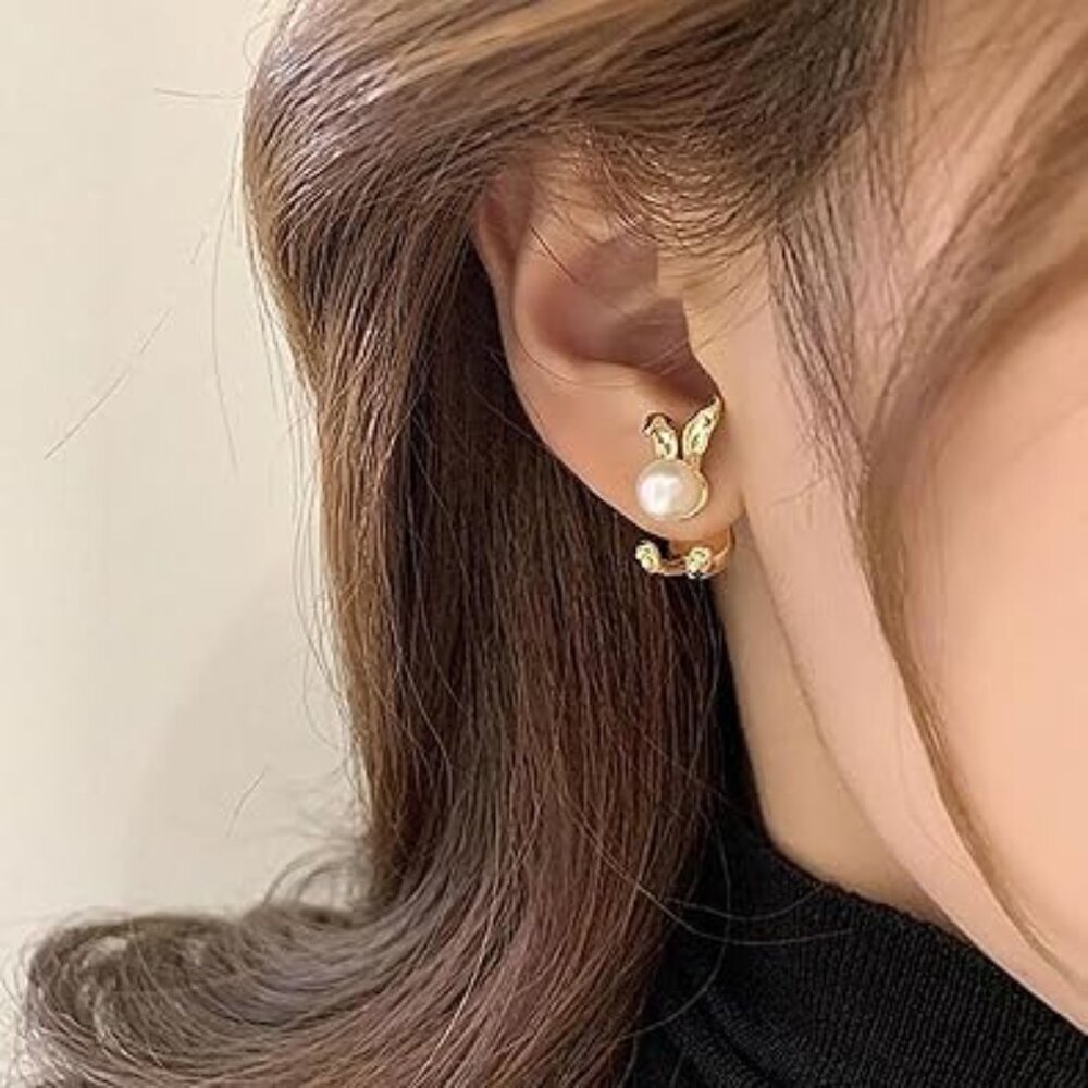 Cute Bunny Rabbit Earrings for Women Gold with Pearls Brand New !!